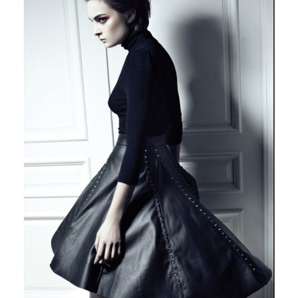 Bebe Womens Black High Low Leather Studded Skirt Witchy Whimsy Goth Punk Biker 2